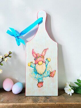 Cute Wood Easter Garden Gnome Cutting Board Sign, Spring Kitchen Decor